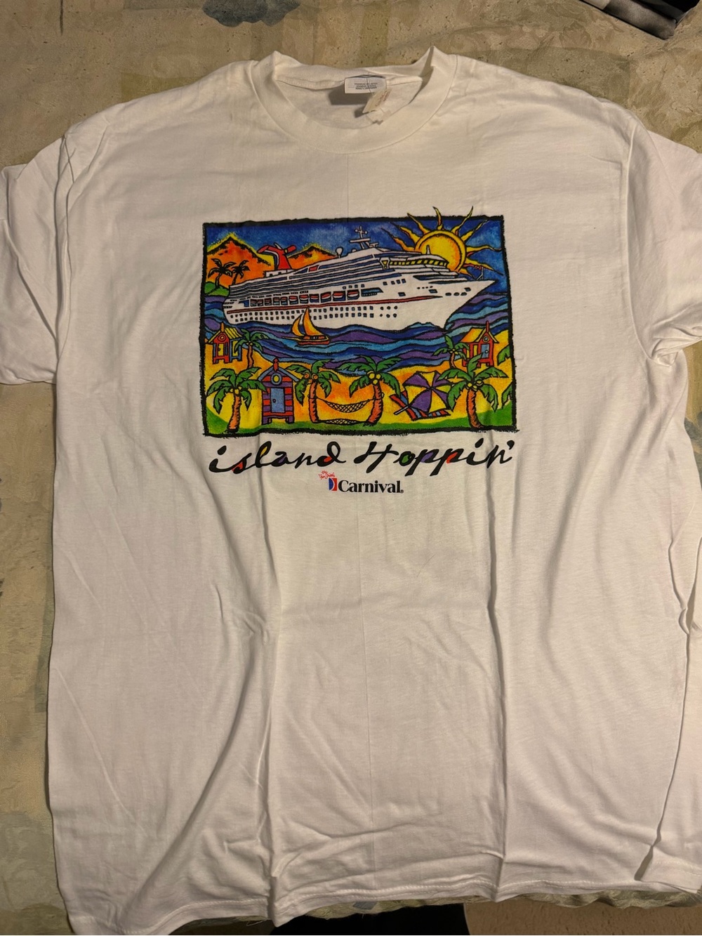 Vintage Carnival Cruiseline Island Hoppin White Graphic Crew Neck T-Shirt Size L